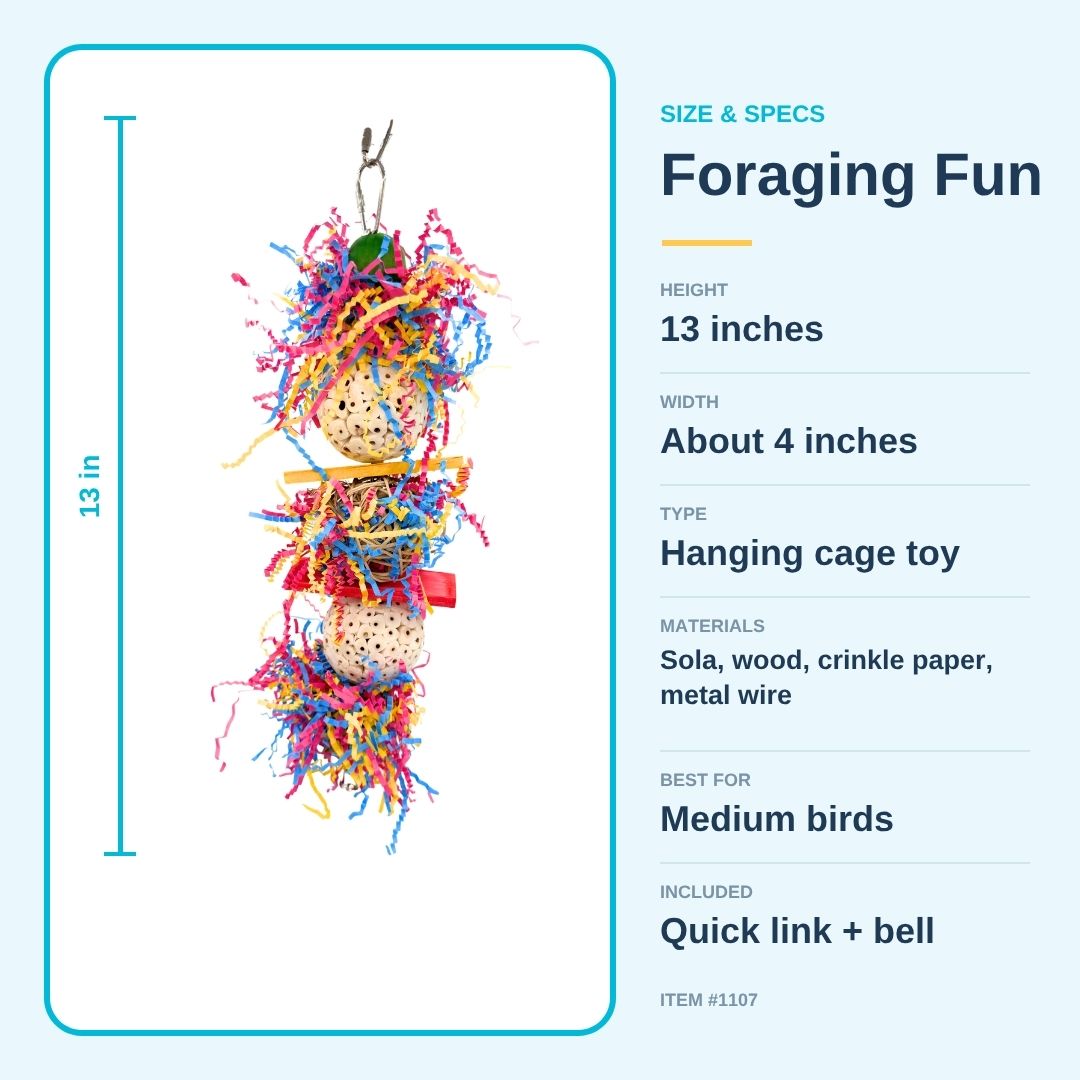 Medium Sola Shred Tower #1107 hanging bird toy, 13 inches tall and about 4 inches wide, for medium birds