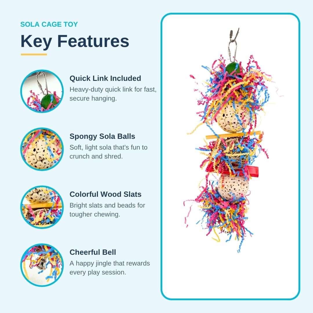 Medium Sola Shred Tower #1107 features: quick link, spongy sola balls, colorful wood slats and a bell