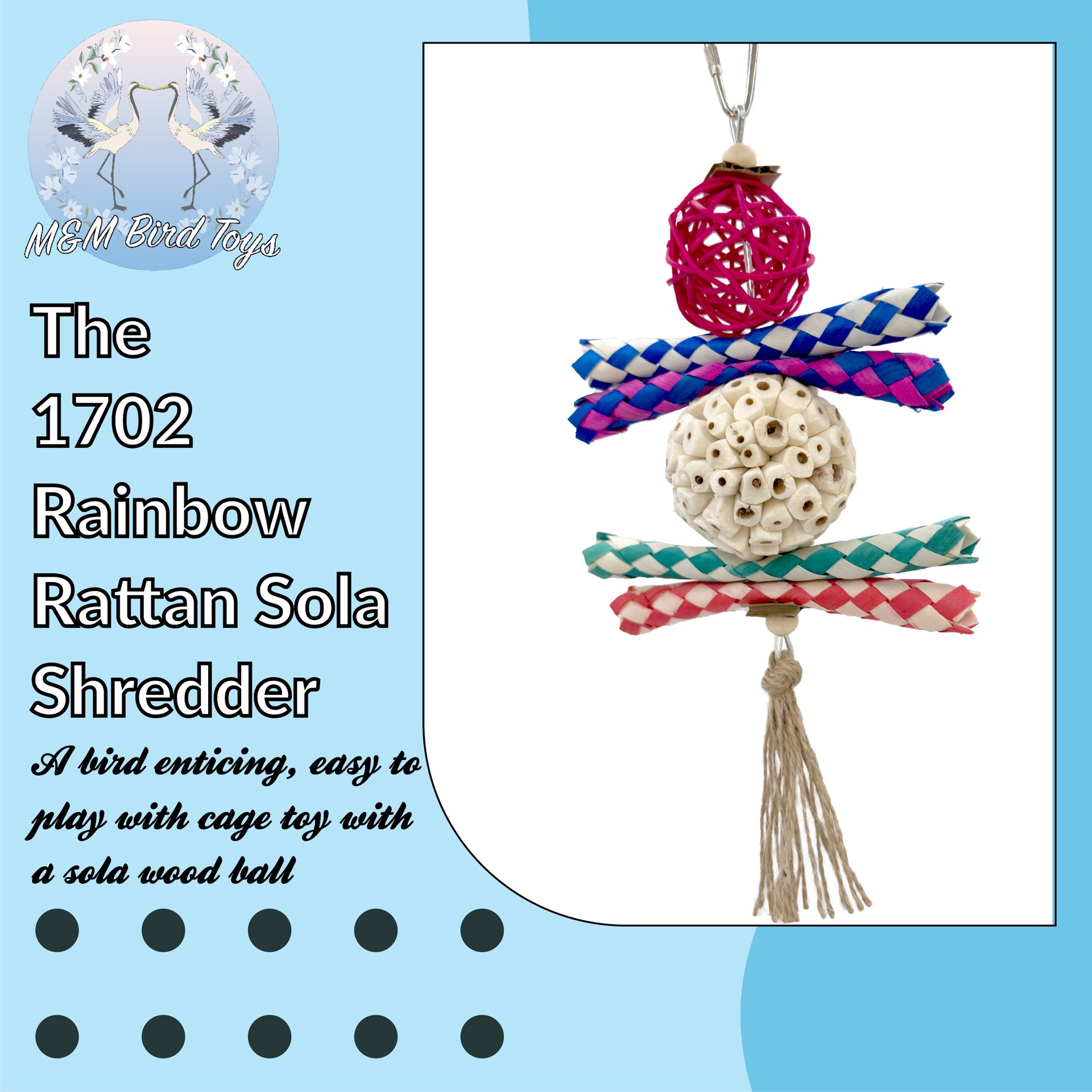 1702 Rainbow Rattan Sola Shredder Bird Toy - Handmade Foraging Chew Toy For Birds, Shreddable Vine Ball, Bamboo Traps, Sola Wood