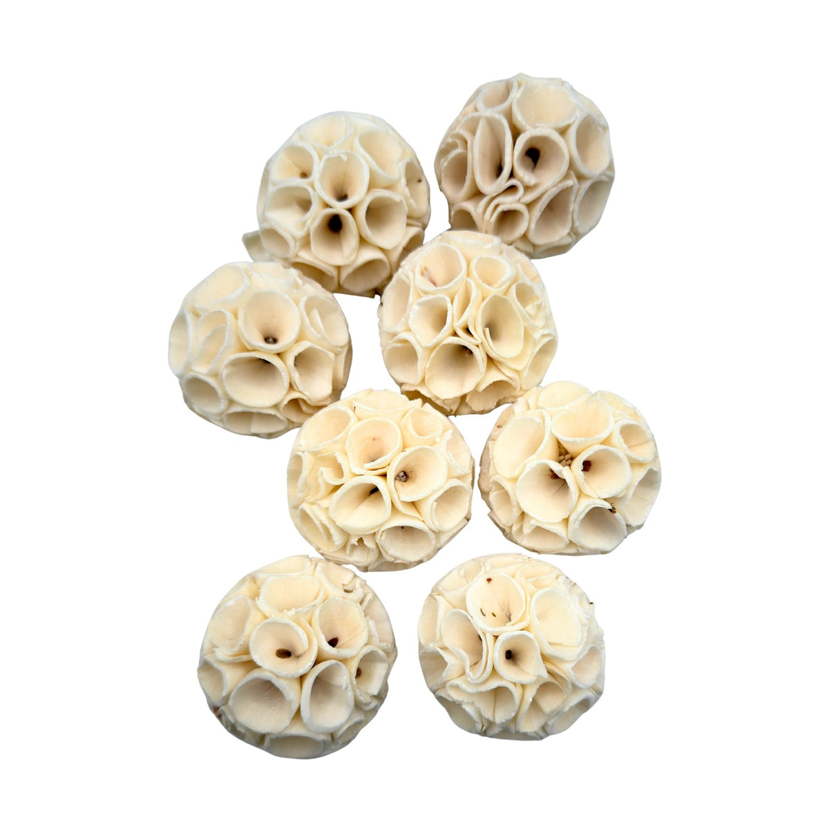 Pack of 8 small sola crepes, handmade balls of ruffled natural sola wood slices, about 2.4 inches each #size_small - pack of 8